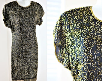 Taglia 4//Abito vintage in seta nera con perline dorate//Abito con perline anni '80