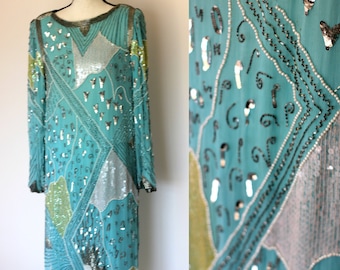 Sz S//Aqua Art Deco Vintage Silk Gatsby Style Beaded Sequin Dress// Flapper Long 20s