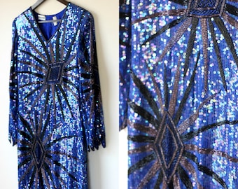 Sz XS//Royal Blue Beaded Starburst Sequin Dress//Flapper Style Shift Dress