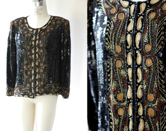 Size  Small//Silk Sequin Beaded Jacket// Embellished with Gold beads