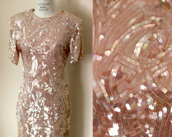 Sz M//Pale Pink Heavily Sequined Cocktail Dress//Vintage Evening Dress//Special Event Dress