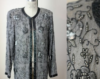 Sz Small// Sequin Gunmetal Gray & Black Long jacket//Judith Ann Creations Duster