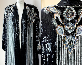 2X//Amazing Gatsby Beaded Sequin Duster//Vintage Judith Ann//Black Silver Long Jacket