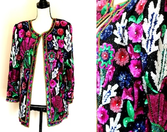 Tamanho M // Jaqueta floral com lantejoulas e contas lindas // Jaqueta de seda em cores vibrantes