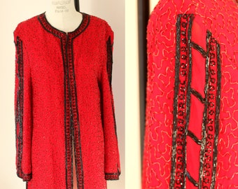 Sz S//Judith Ann Creations Sequined Duster//Red beaded long jacket