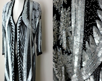 One Size// Deco Stunning Vtg Silver Beaded Sequined Duster// Coat// Long Jacket