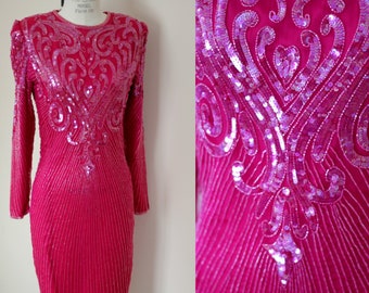 Sz M//Stunning Pink Sequin Evening Dress// Beaded Magenta Mother of Bride