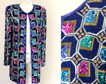 Size Small//Colorful Long Sequin Jacket//Judith Ann Creations Beaded Duster