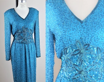 sz 8// Stunning Blue sequin Beaded dress// Fabulous Black tie dress