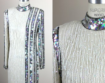 Sz S//Stunning Heavily Beaded Fringe Formal Dress// Couture