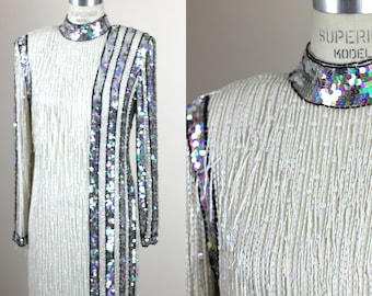 Sz S//Stunning Heavily Beaded Fringe White Formal Dress//Couture Vintage Lillie Rubin