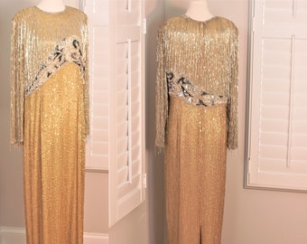 Sz 14// Amazing Long Beaded Gold Gown// Couture sequins beads and silver