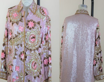 Sz L//Rina Z Shirt Jacket// Heavily beaded sequined pinks gold