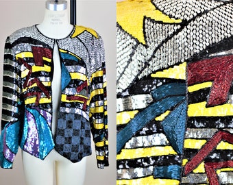 Sz M// Vtg Abstract Sequin beaded Jacket// Funky Colorful