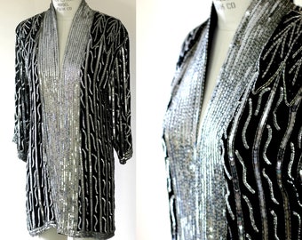 Size S//Stunning Silver Sequin beaded Duster// Vintage Long Jacket