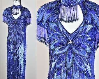 Sz 14// Vtg Funky 80s Long beaded royal blue gown// Sequin gown