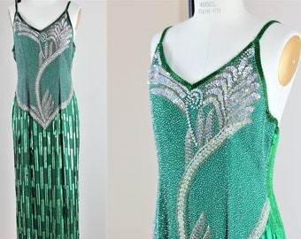 Sz M//Christmas Green Vintage Beaded Gown//Glam Sequin Emerald Beaded Dress