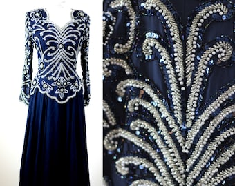 Rozmiar 12//BLACK TIE Cassini Suknia z koralików w kolorze granatowym z szyfonu//Sukienka z perłowymi koralikami w stylu vintage