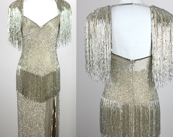 Sz 4// Couture Gold Fringe Beaded jurk// Trophy Dress// Wedding// Gatsby// Red Carpet