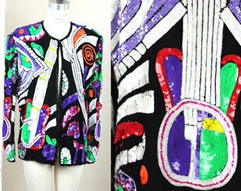 サイズ12//カラフルなアブストラクトなスパンコールのジャケット//ヴィンテージノベルティギターのネオングラムジャケット