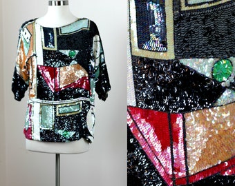 Talla mediana//Top retro vanguardista//Top multicolor con lentejuelas de seda