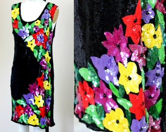 Talla M // Vestido vintage con cuentas y estampado floral llamativo // Vestido estilo recto con lentejuelas de los años 80 // Colores brillantes