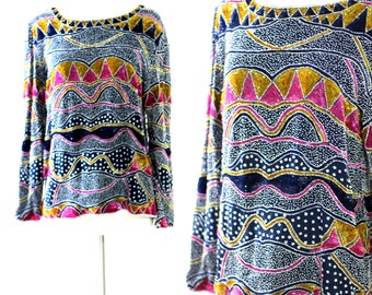 Taglia S//Top oversize in seta con perline multicolori blu//Moda vintage favolosa