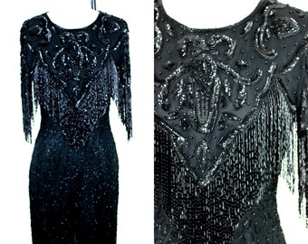 Sz S//Fabulous Black Fringe Flapper Dress// Beaded sequins