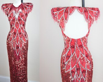 Sz S// Vtg Long Red Sequin 80s Beaded gown// 80s Vintage shoulder pads dress