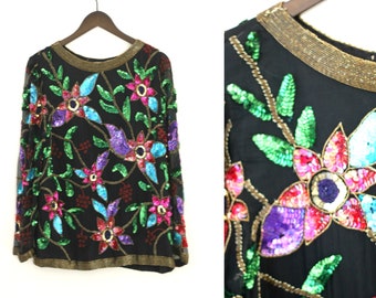 Sz M//All silk Beaded Sequin floral Top//Formal