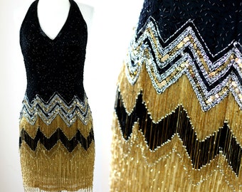 Sz 4//Vintage Formal Wiggle Dress//Loads of Beads, Sequins silk with Gold Fringe Halter Dress