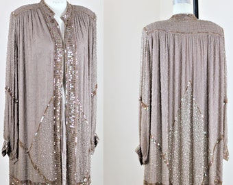 Sz 18// Cassini Taupe Long Jacket duster// Beaded sequined silk