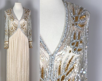 Sz 14// Bob Mackie Boutique Gold silver beaded//Couture Gown// Heavily beaded