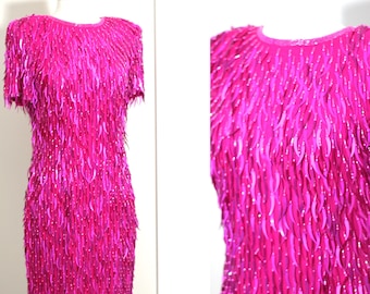 Sz 8//Hot Pink Cattail Sequin Beaded Dress/Vintage Trophy Dress