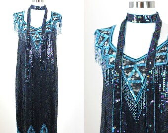 Size Small// Gatsby Party Sequin beaded dress//Fringe beaded Flapper style