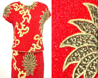 Talla S // Top y falda glamorosos con lentejuelas y cuentas de oro rojo // Conjunto vintage de lentejuelas rojas brillantes
