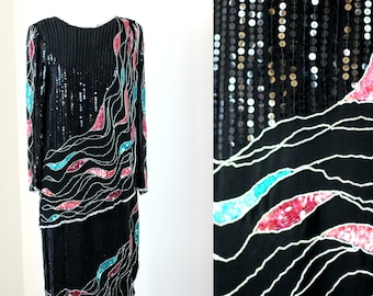 Maat S//Zwart, roze en turkoois vintage jurk met lovertjes en kralen//Saks Fifth Avenue//Gatsby Party