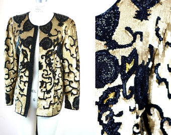 Sz Medium//Gold sequin beaded jacket// black & Gold Formal