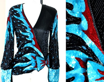 Sz L //Amazing Sequin Jacket//  Beaded bow with Blue// Cassini