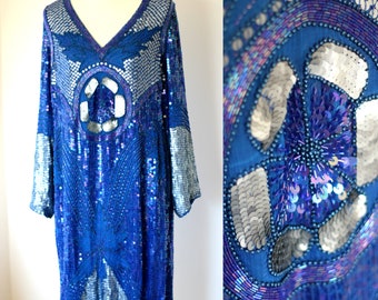 Sz M//Blau mit Silber Pailletten Art Deco Kleid//Vintage glitzernde Flapper Kleid