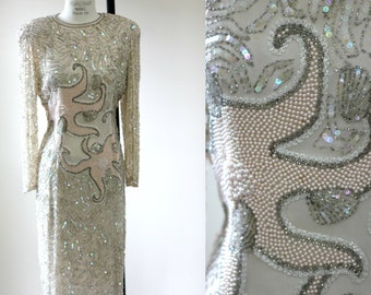 Size 12//AMAZING Ivory Pearl Beaded Sequined Dress//Starfish shells in beads