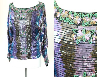 Talla S // Blusa formal de manga larga con lentejuelas en rosa y morado // Top glamoroso increíble