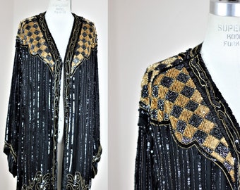 Sz XL+// Vintage Sequin Gold black Beaded duster//Long Jacket// Sequin beaded coat