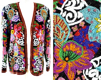 Sz M//Incredible Heavy Beaded long Jacket// Like Tapestry of beads// Sequin beads silk