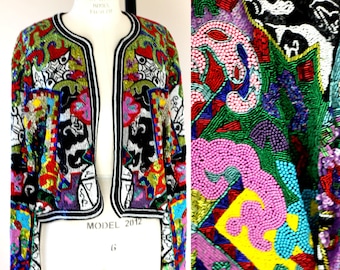 Sz M//Heavily Beaded Amazing Sequin Jacket// Colorful Bolero