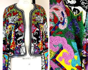 Jaqueta vintage Diane Freis ricamente bordada com miçangas, jaqueta glamourosa e marcante // Jaqueta de designer dos anos 80 com aplicações, obra-prima colorida com miçangas (Tamanho M)