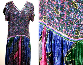 Size M//Sequin Drop waist Dress// Flapper Style Sequined Beaded// Gatsby Party