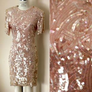 Sz M//Pale Pink Heavily Sequined Cocktail Dress//Vintage Evening Dress//Special Event Dress