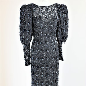Sz 12// AMAZING Black Heavily beaded gown// Sequins beads Leg o mutton Sleeves//Rare long gown