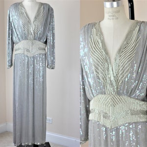 Sz L//Old Hollywood Glamour Evening Dress//Vintage 1980s Silver Sequin & Pearl Beaded Gown